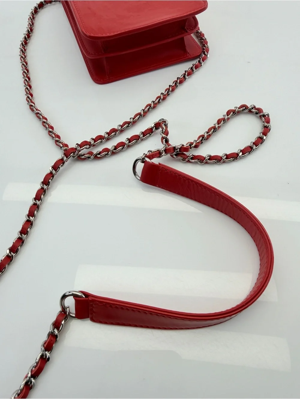 CHANEL Red Patent Leather Chain Phone Bag
